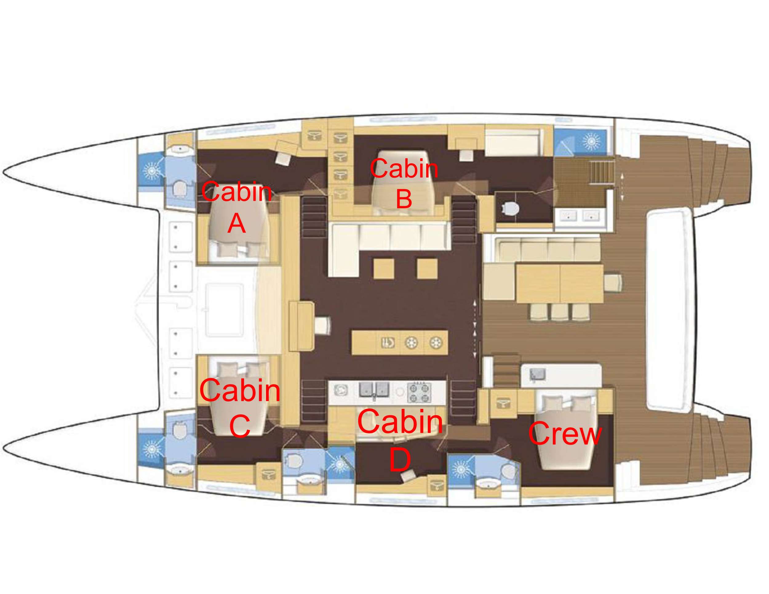 Explore the layout and specifications for DRAGONFLY, a 62 ft Sailing Catamaran