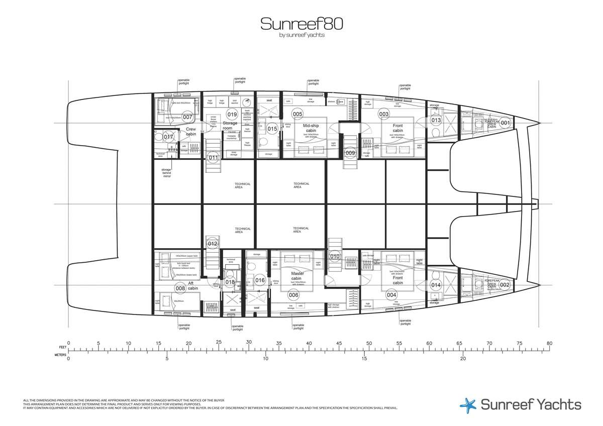 Explore the layout and specifications for MISCHIEVOUS, a 78 ft Sailing Catamaran