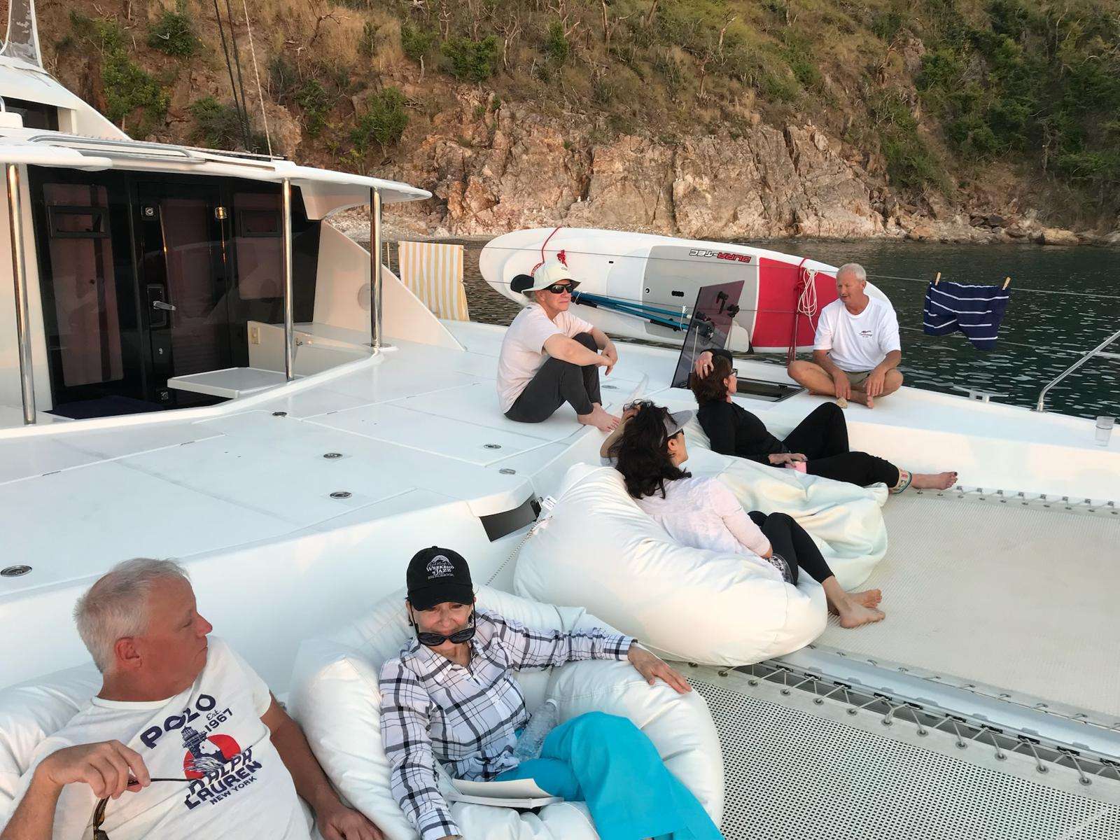 Lounging in the foredeck beanbags