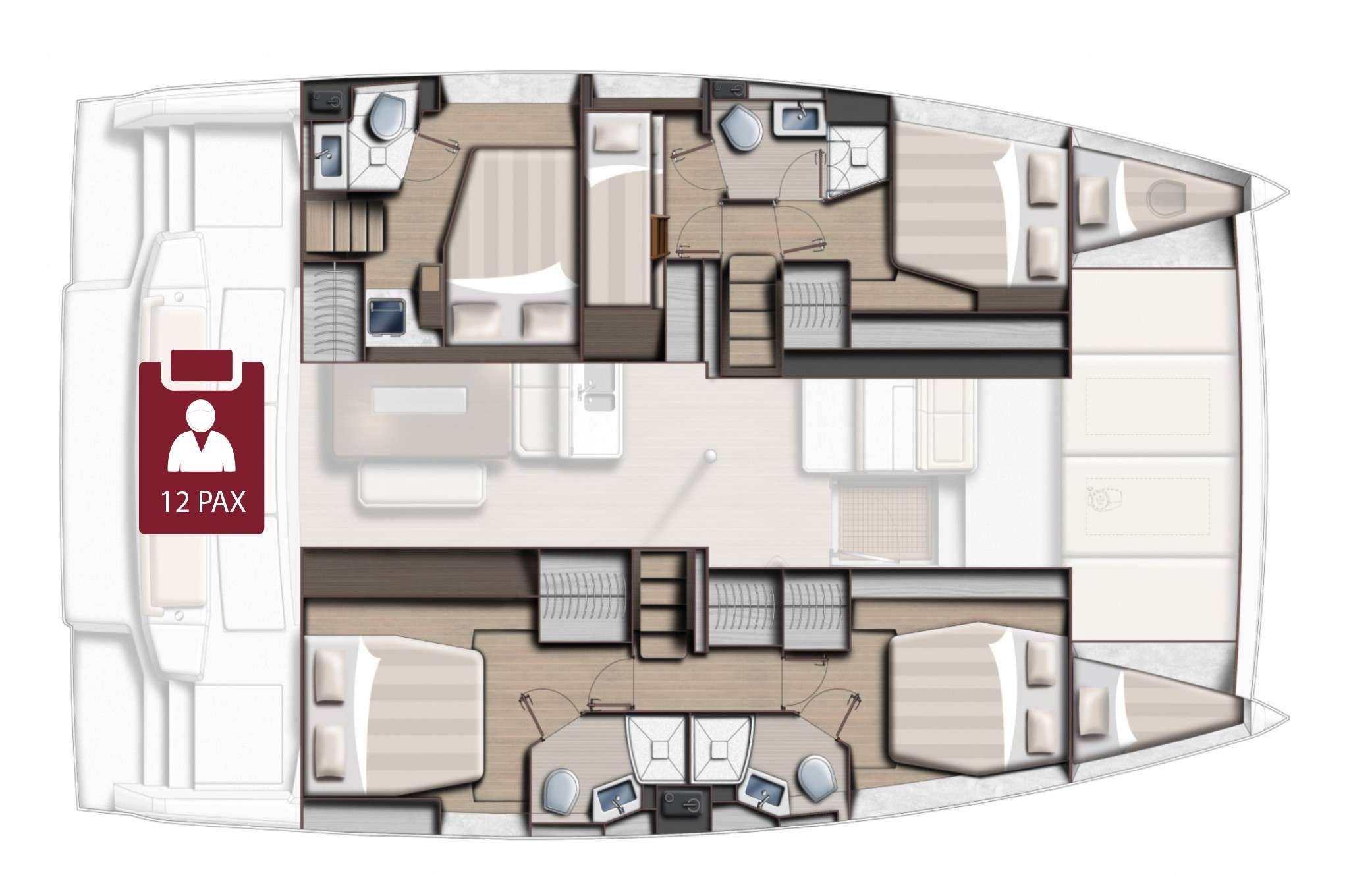 Explore the layout and specifications for CANCELLI DEL CIELO, a 46 ft Sailing Catamaran