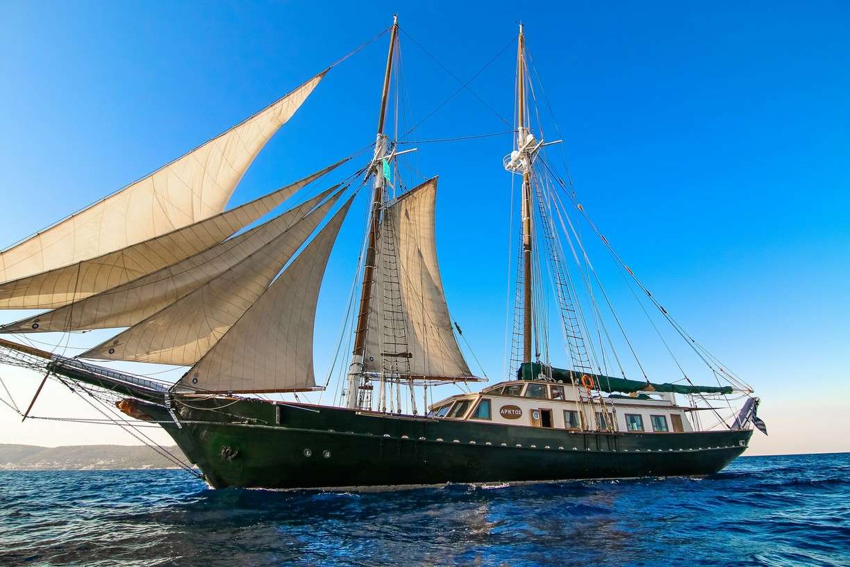 ΑRKTOS is a classic traditional schooner motor sailer of 152 feet in length. She has two masts that support over 840m2 of sail, which are used daily if the guest enjoys! She is fully equipped with all the modern day communication and navigation equipment including Internet. A plethora of sea toys for all guests’ needs are available, just inquire.