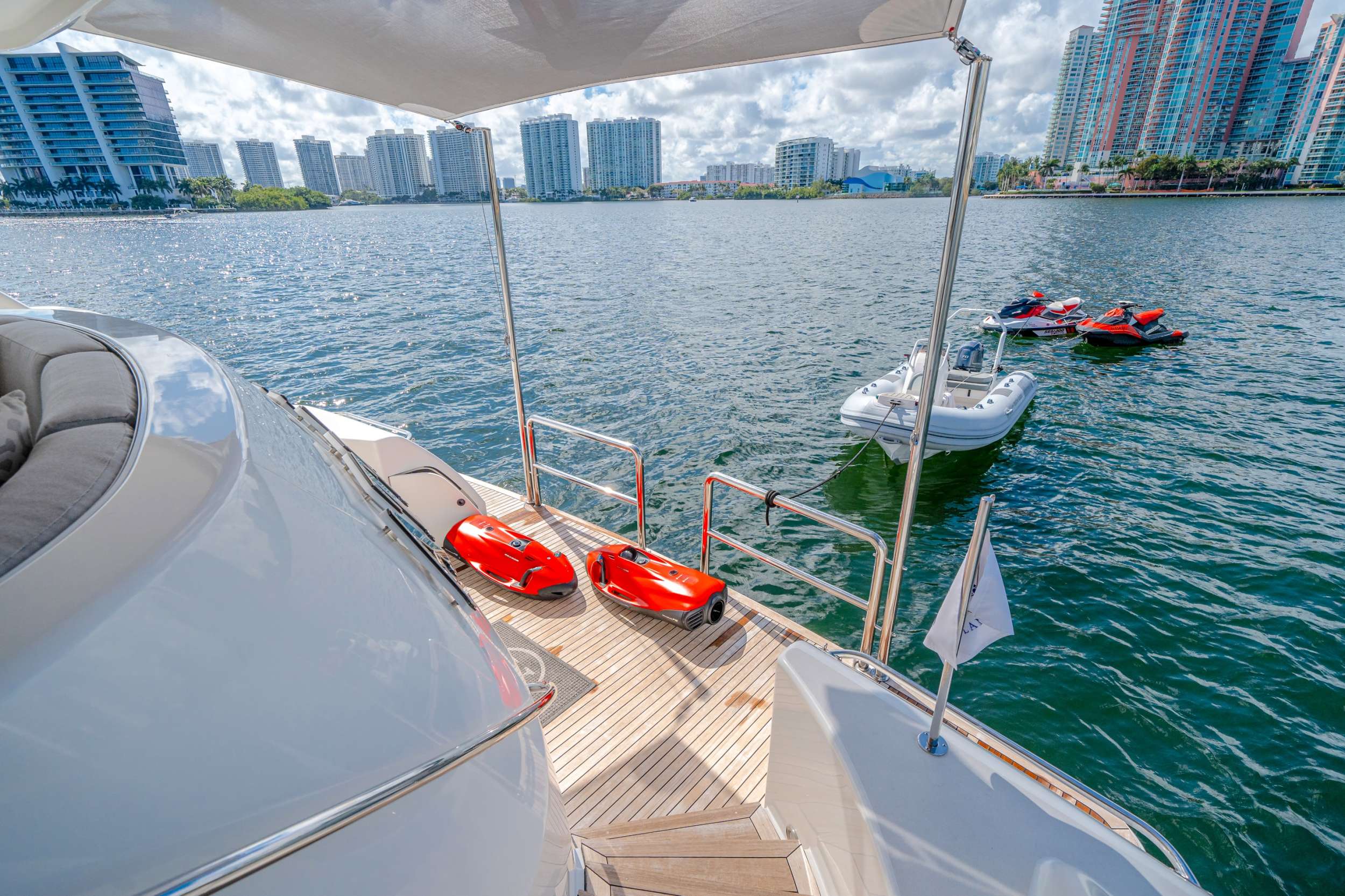 Transom area with shade and tender/water toy launch access